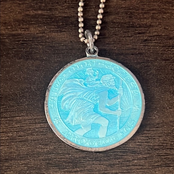 Sterling Silver & Aqua Enamel St. Christopher Medal - Picture 2 of 5